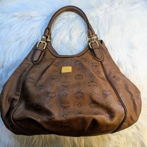 MCM Chocolate Visetos Glam Hobo Bag Handbag Brown Leather Ladies